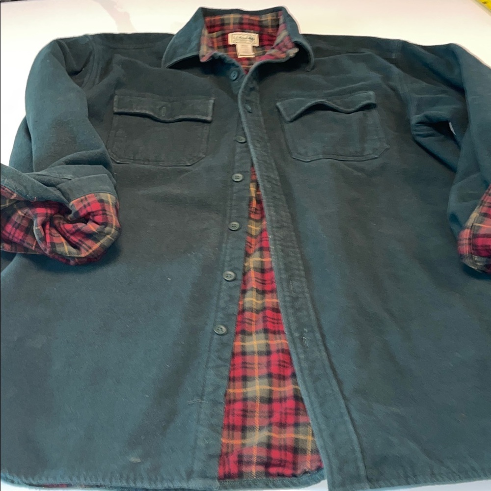 L.L. Bean Men's Dark Green Shirt Jacket with Red Plaid Lining chore outdoor